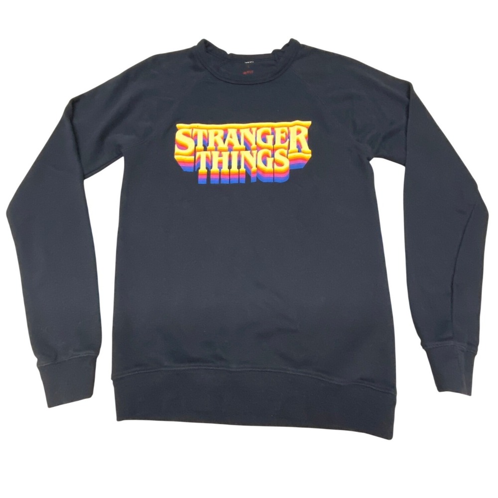 Netflix Stranger Things Navy Blue Rainbow Logo Raglan Sweatshirt Small Retro 80s